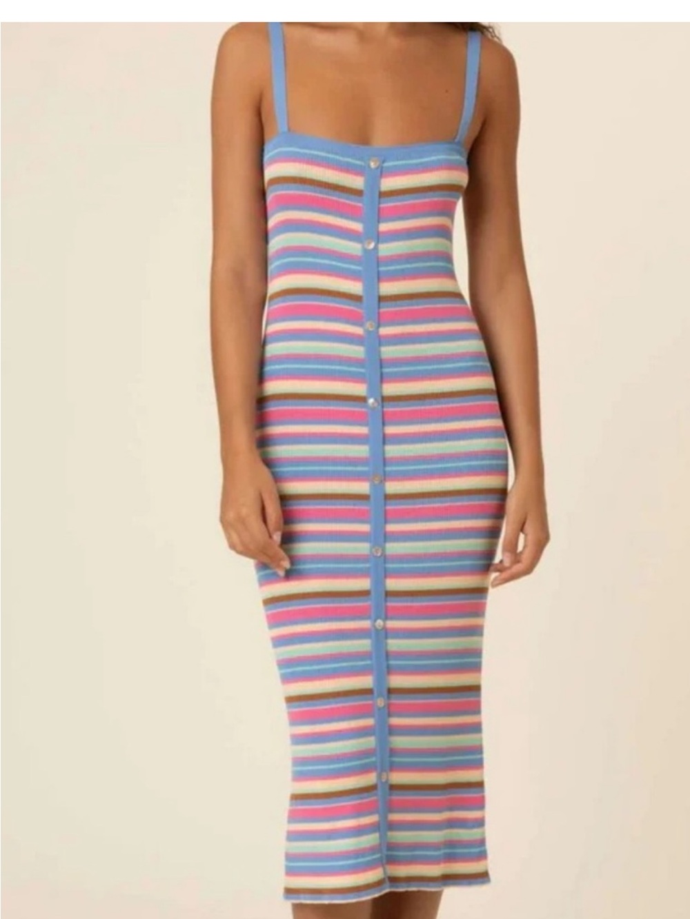 FRNCH Tania Stripe Ribbed Midi Dress colorful pastel striped patte large